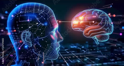Artificial Intelligence Concept with Human and Brain Interface. Graphic interface of a human head and brain depicting artificial intelligence and machine learning.