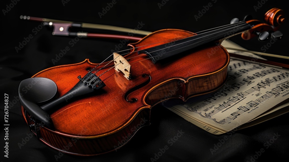 Fototapeta premium a violin accompanied by its bow and sheet music, elegantly poised on a black background, with clean lines and natural shadows enhancing its ultra-detailed craftsmanship.