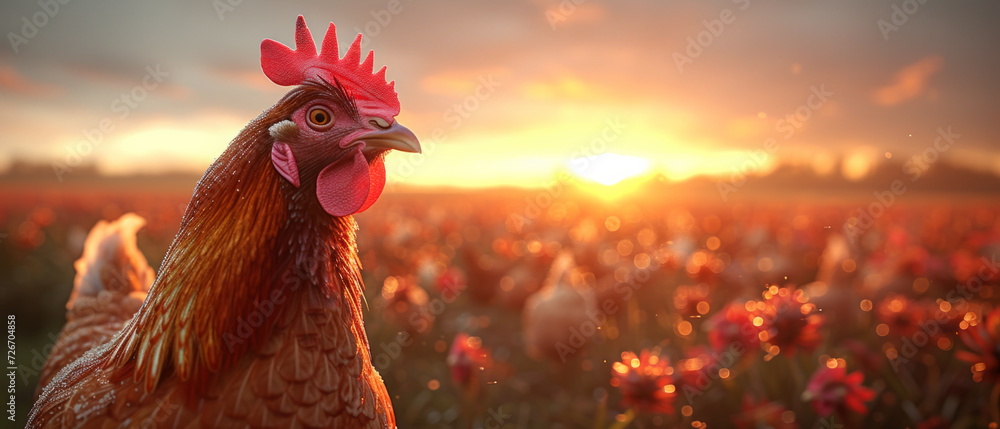 Hens and roosters in field at sunset. Group of chickens stand in a field during sunset - obrazy, fototapety, plakaty 