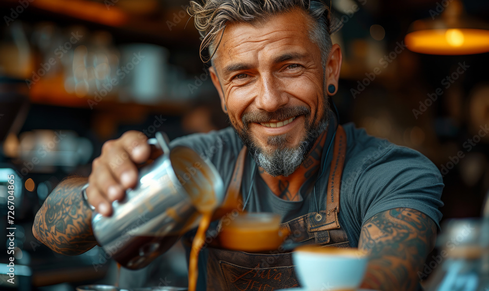 Cheerful barista pours coffee into cup. Tattooed man pouring lattes into a big cuppa