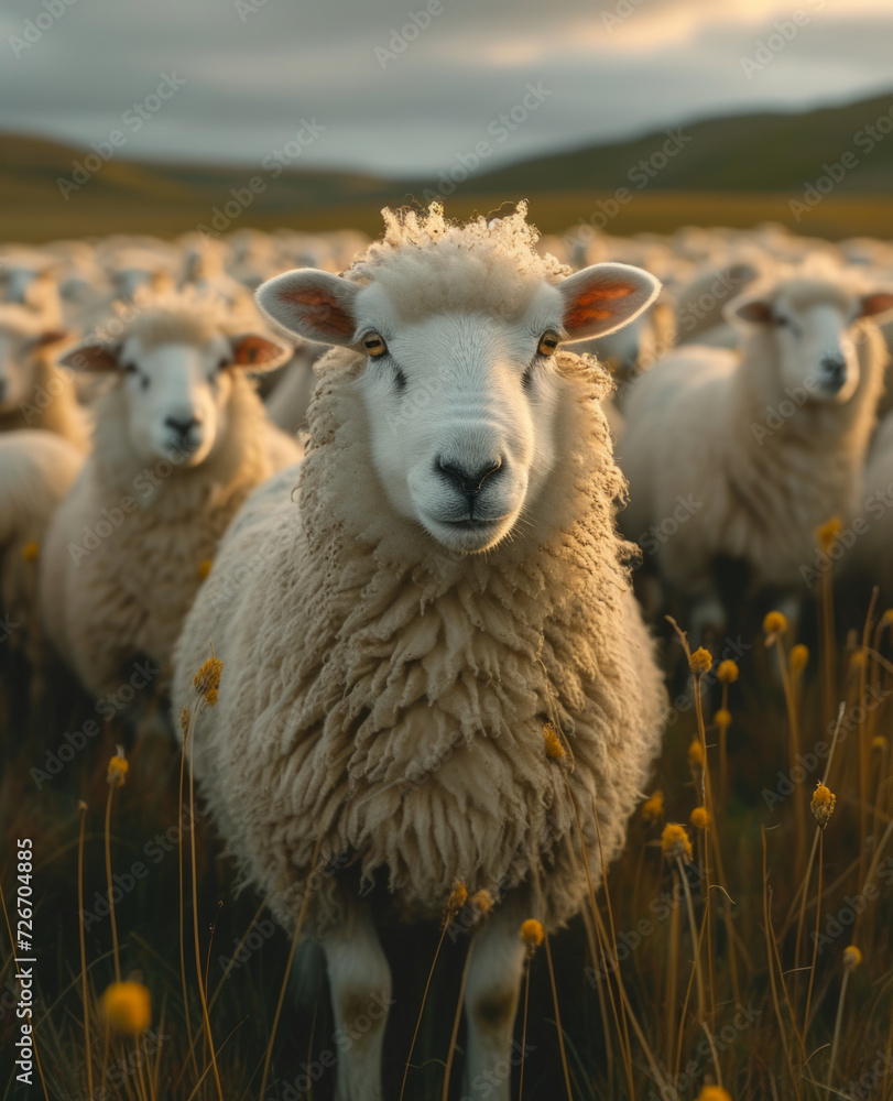 Sheep standing in field. Sheep are white, in the style of vibrant stage backdrop Sheep standing in field. Sheep are white, in the style of vibrant stage backdrop