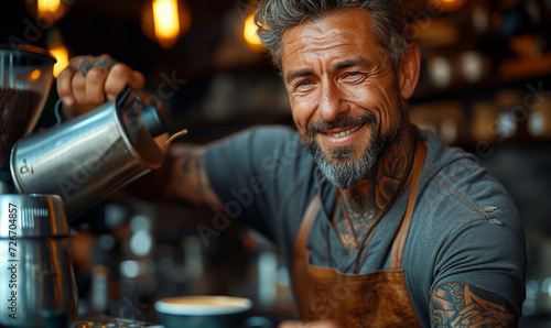 Smiling barista pouring coffee into cup while working in cafe. Tattooed man pouring lattes into a big cuppa photo