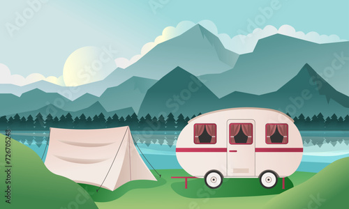 Vector landscape. Flat illustration of camping in nature. Mobile home with a tent by the river.