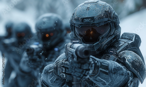 Elite squad of soldiers in uniform with weapons in their hands and in the snow. Snowfall.