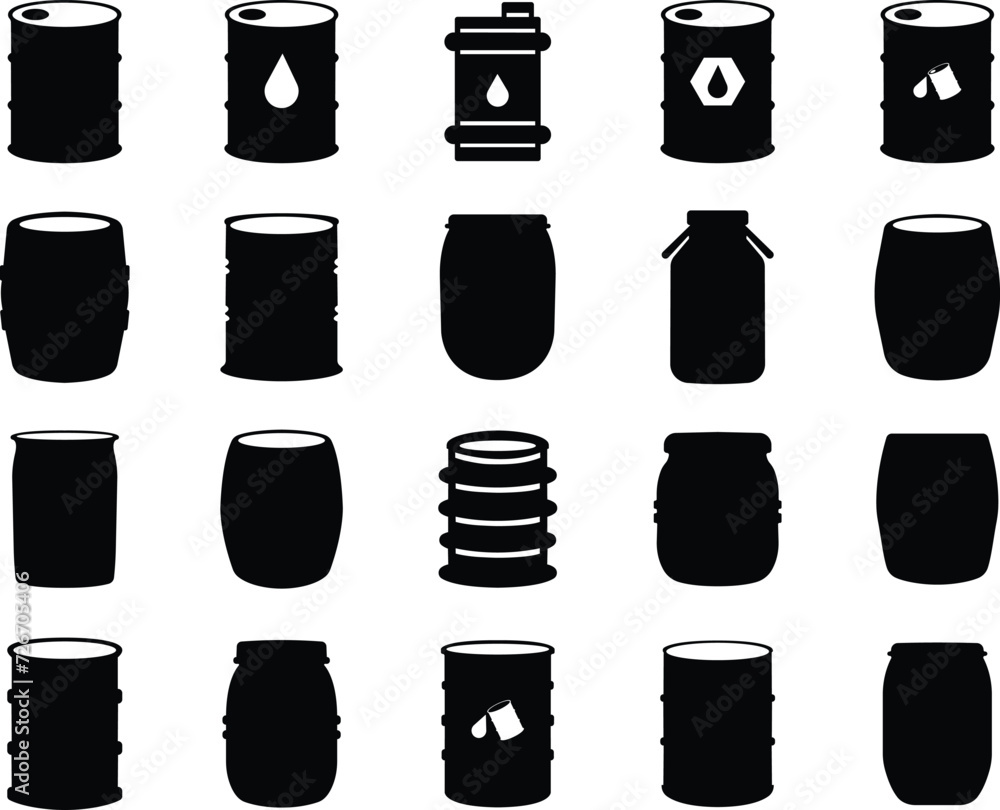 Barrel oil drum icon in flat style set. isolated on transparent