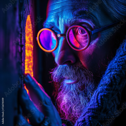 Elderly Man with Neon Light Reflection on Glasses. A bearded elderly man with colourful neon light reflecting on his round glasses in a dark setting.
