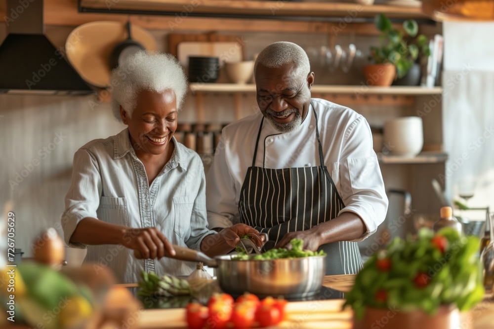 Senior happy smiling african american couple enjoying and cooking healthy dinner together on kitchen at home Senior happy smiling african american couple enjoying and cooking healthy dinner together on kitchen at home
