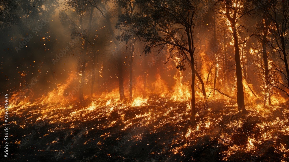 Wildfire spreading through a forest, emphasizing the intense heat, flames, and the impact on wildlife and vegetation, natural disaster.