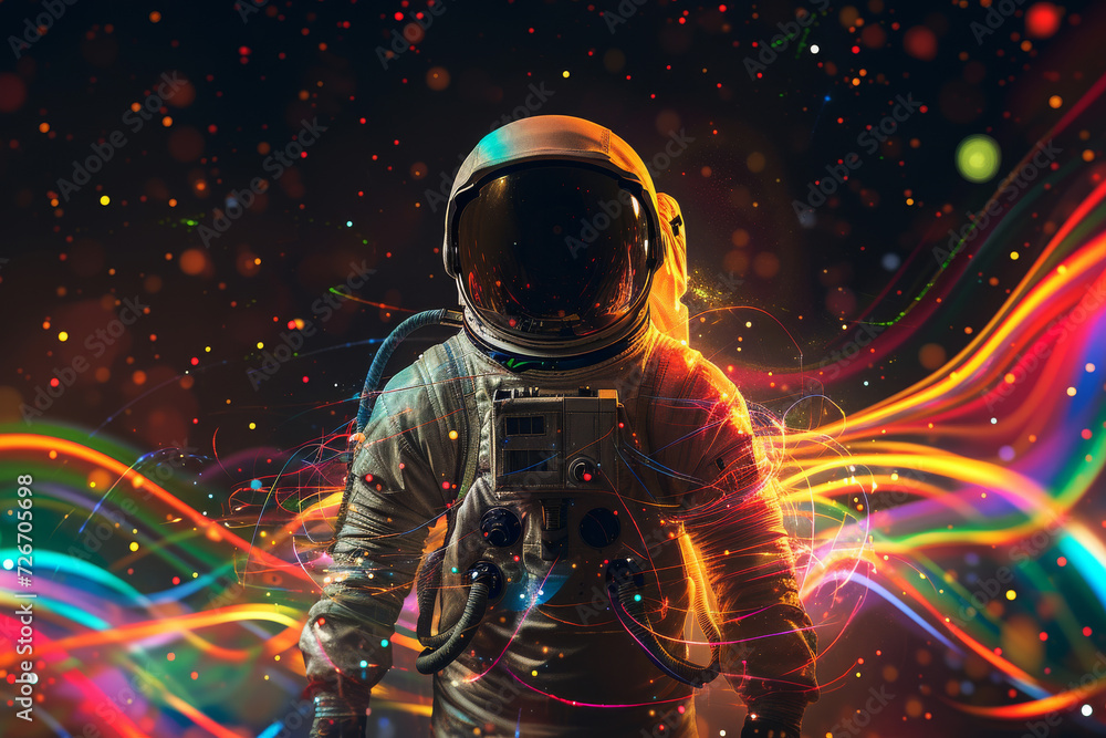 Astronaut Amidst Cosmic Ribbons.
An astronaut surrounded by swirling neon light streams in a cosmic environment.