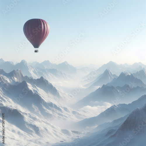 hot air balloon flying over snowy mountain  Romantic vacation  snowy mountains landscape  Concept of aerial tourism  globo aerostatico  Hei  luftballon                             landscape mountain.