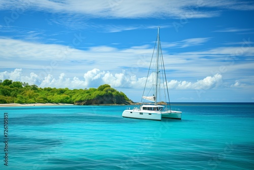 White catamaran on azure water against blue sky, beautiful green island in the background