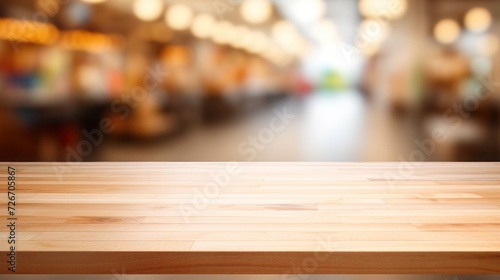 Empty wooden tabletop and blurred supermarket as background for displaying or mounting your products