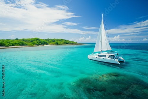 White catamaran on azure water against blue sky  beautiful green island in the background