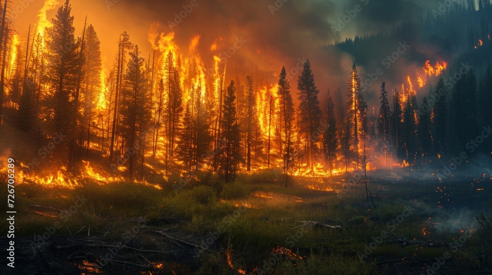 Wildfire spreading through a forest, emphasizing the intense heat, flames, and the impact on wildlife and vegetation, natural disaster. Wildfire spreading through a forest, emphasizing the intense heat, flames, and the impact on wildlife and vegetation, natural disaster.