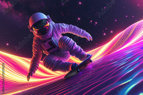 Astronaut Snowboarding on Neon Light Waves. An astronaut snowboards on dynamic waves of neon light against a starry background. © AI Visual Vault