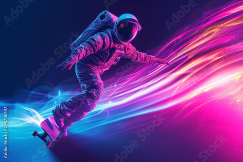 Astronaut Surfing on Colourful Light Streams.
Astronaut surfing through space on vibrant, streaming lights.