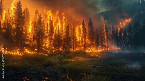 Wildfire spreading through a forest  emphasizing the intense heat  flames  and the impact on wildlife and vegetation  natural disaster.