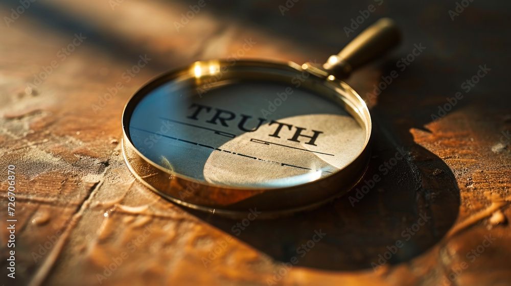 Vintage magnifying glass lying on rough surface focusing on the word TRUTH, depicting the search for facts, clues, and honest investigation - obrazy, fototapety, plakaty 