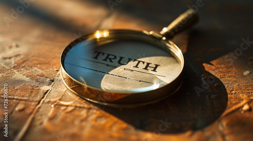 Vintage magnifying glass lying on rough surface focusing on the word TRUTH, depicting the search for facts, clues, and honest investigation photo