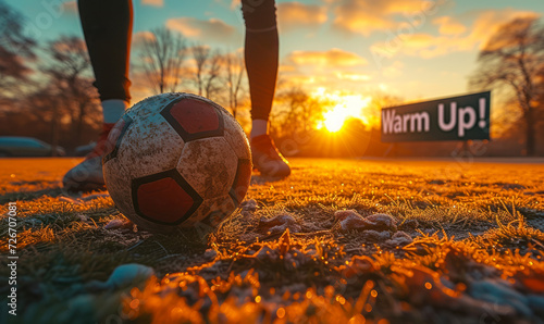 Sportsperson Engaging in an Energetic Preparatory Session with a Football on the Pitch Amid a Breathtaking Dawn, Gearing Up for a Match with Warm Up as the Background