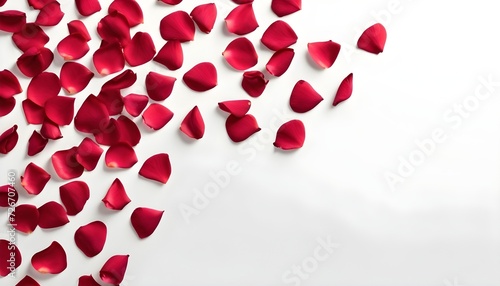 Red rose petals framing white background in left upper corner  empty space for use