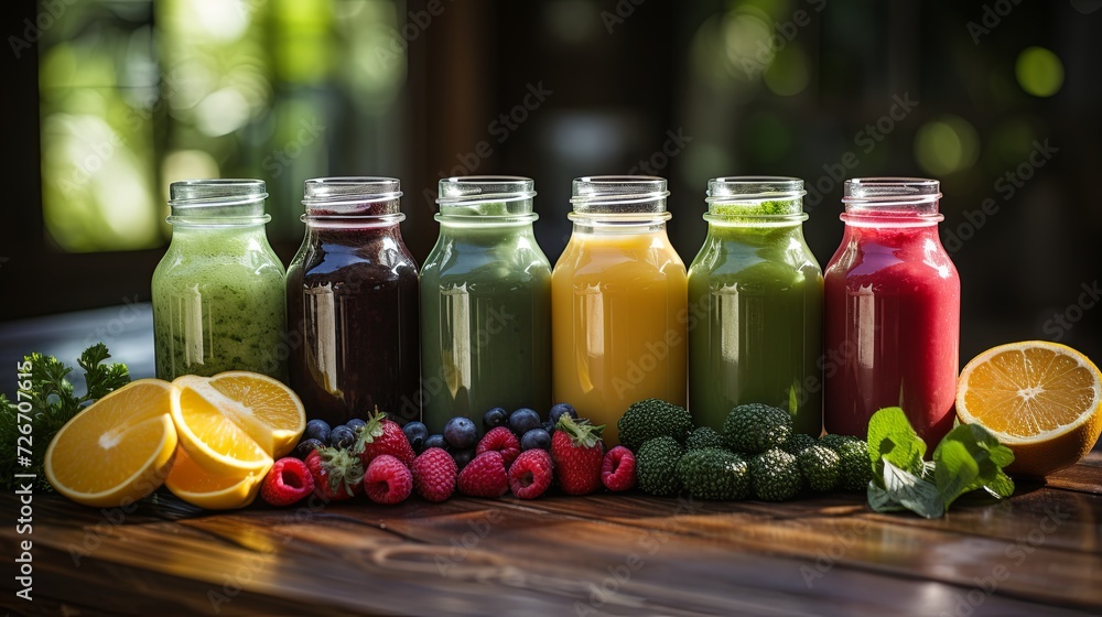 A Row of Glass Jars Filled With Different Types of Smoothies A Row of Glass Jars Filled With Different Types of Smoothies