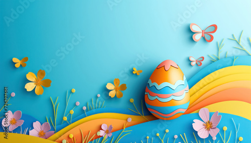 vibrant easter egg surrounded by colorful paper cutouts and spring flowers