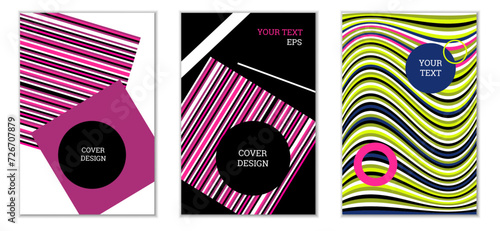 Geometric cover design, set of 3 covers. Abstract unusual background in Memphis style. Bright geometric shapes in random order