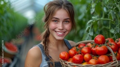 Smiling farmer girl is demonstrating fresh tomatoes alongside the greenhouses.