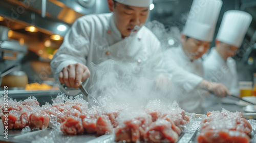 A group of chefs from China cook national dishes in a professional kitchen