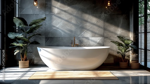 This image captures a modern bathroom with a sleek freestanding bathtub basking in the warmth of natural sunlight  accented by indoor plants and stylish fixtures.