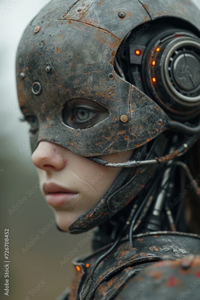 Close-up portrait of a humanoid robot with intricate mechanical facial features made of metal and plastic, showing advanced technology and futuristic design. Close-up portrait of a humanoid robot with intricate mechanical facial features made of metal and plastic, showing advanced technology and futuristic design.
