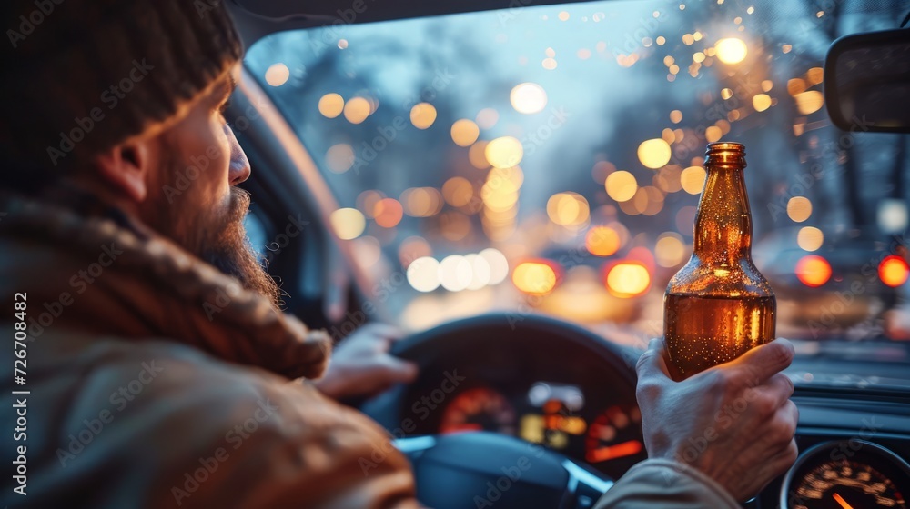 A man is seen driving a car while holding a beer bottle in his hand.