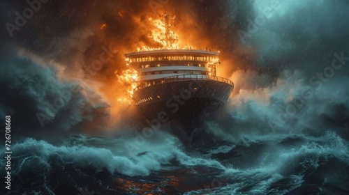 The passenger vessel is engulfed in flames. Powerful imagery of a burning cruise ship battling a raging storm at sea