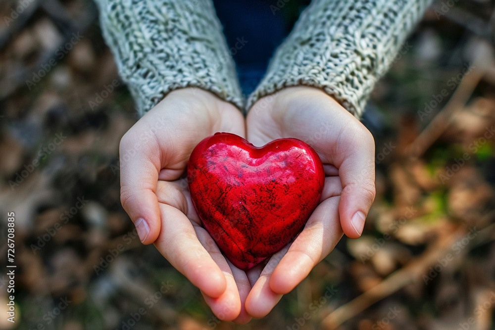 a pair of hands holding a vibrant red heart-shaped object set against a natural backdrop a pair of hands holding a vibrant red heart-shaped object set against a natural backdrop