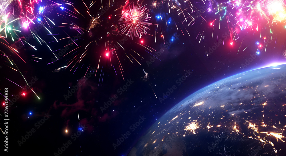 A view from space of the Planet Earth and the fireworks around. International Day of Human Space Flight. Banner with copy space - obrazy, fototapety, plakaty 