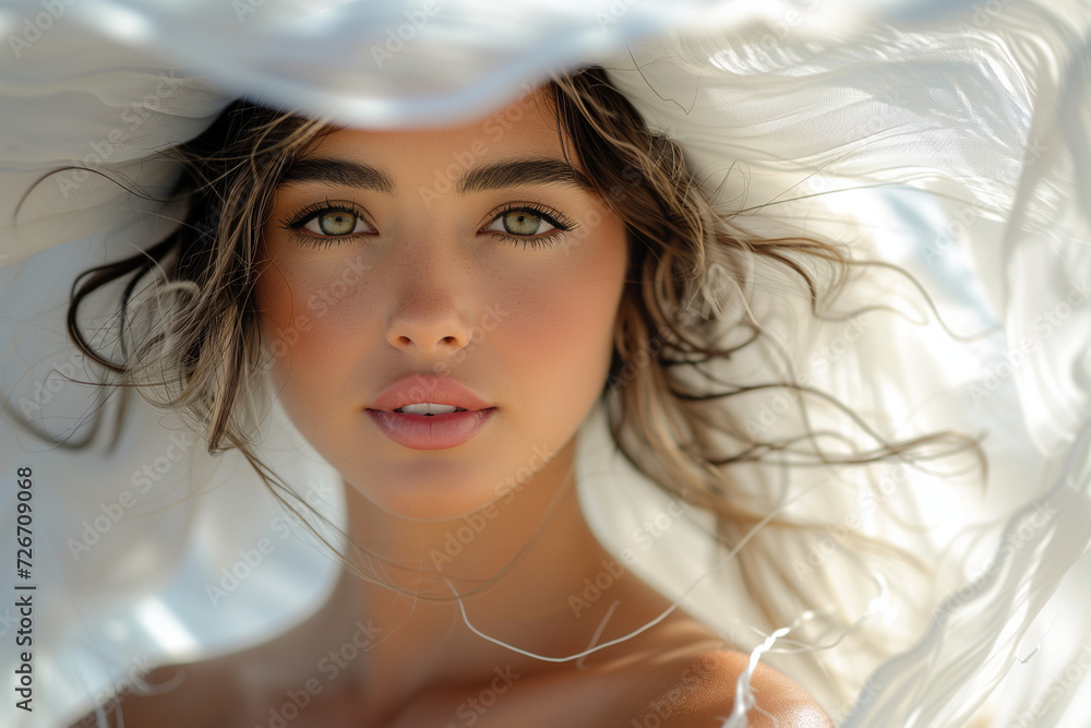 portrait femme brune, photo de mode, chapeau blanc et voile blanc, douceur et sensualité portrait femme brune, photo de mode, chapeau blanc et voile blanc, douceur et sensualité