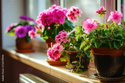 Colorful Potted Flowers Adorning Window Sill