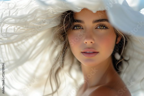 portrait femme brune, photo de mode, chapeau blanc et voile blanc, douceur et sensualité