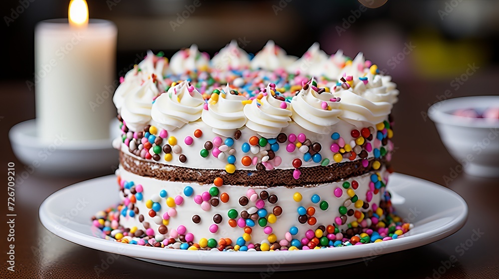 Delicious decorated cake with lit candles, perfect for celebrating special occasions and events Delicious decorated cake with lit candles, perfect for celebrating special occasions and events