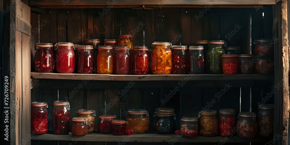 Assorted homemade preserves on rustic wooden shelves. canned fruits and vegetables. vintage pantry storage look capturing self-sufficiency culture. AI - obrazy, fototapety, plakaty 