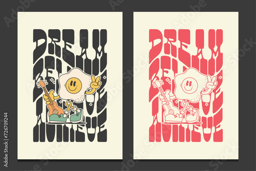 retro 70s posters with an egg omelet cartoon, vector illustration