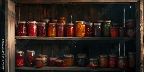 Assorted homemade preserves on rustic wooden shelves. canned fruits and vegetables. vintage pantry storage look capturing self-sufficiency culture. AI photo