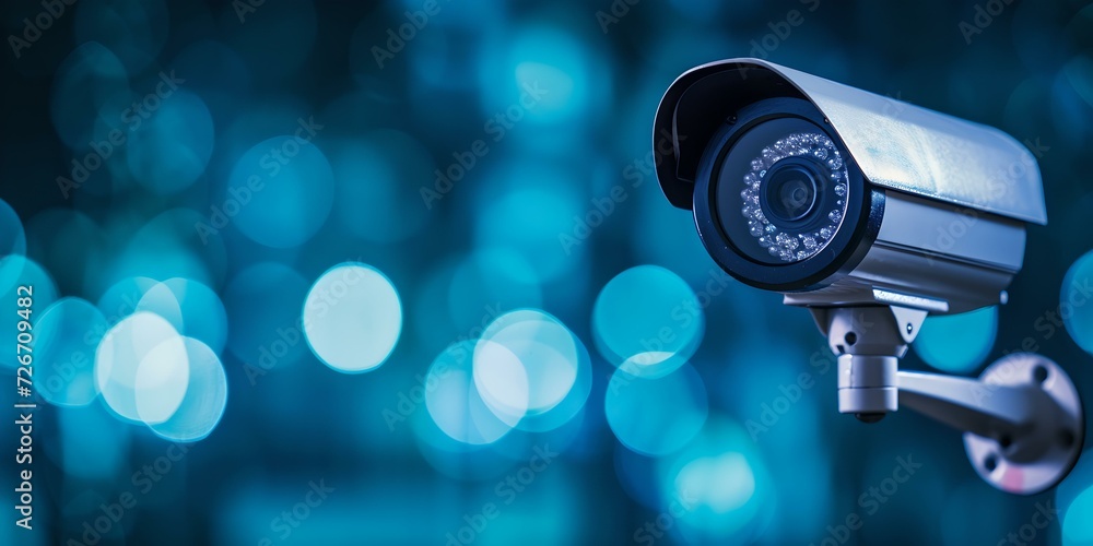 Modern surveillance camera against a blurred blue background. secure area monitoring. technology in focus. privacy and safety concept. AI Modern surveillance camera against a blurred blue background. secure area monitoring. technology in focus. privacy and safety concept. AI