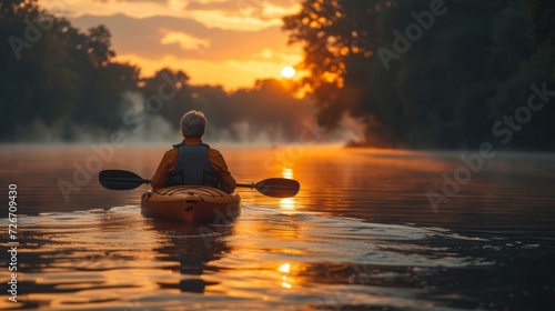 Kayaker Paddling Down River at Sunset