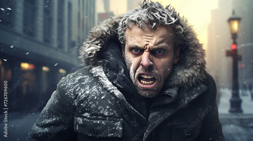 A frightened man freezes due to the global cold snap A frightened man freezes due to the global cold snap