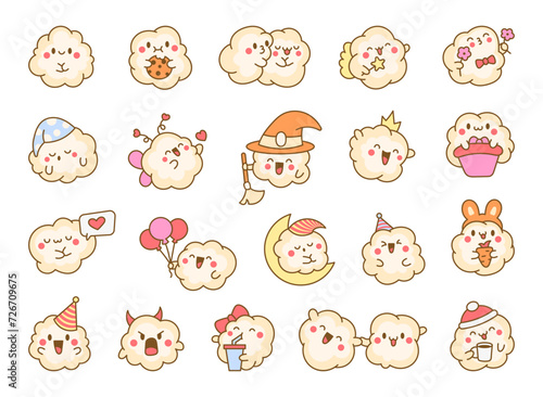Cute kawaii popcorn with a smile. Cartoon funny food character. Hand drawn style. Vector drawing. Collection of design elements.