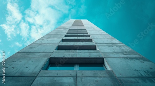 Low angle view of a Neo Brutalist building rising into a vibrant blue sky