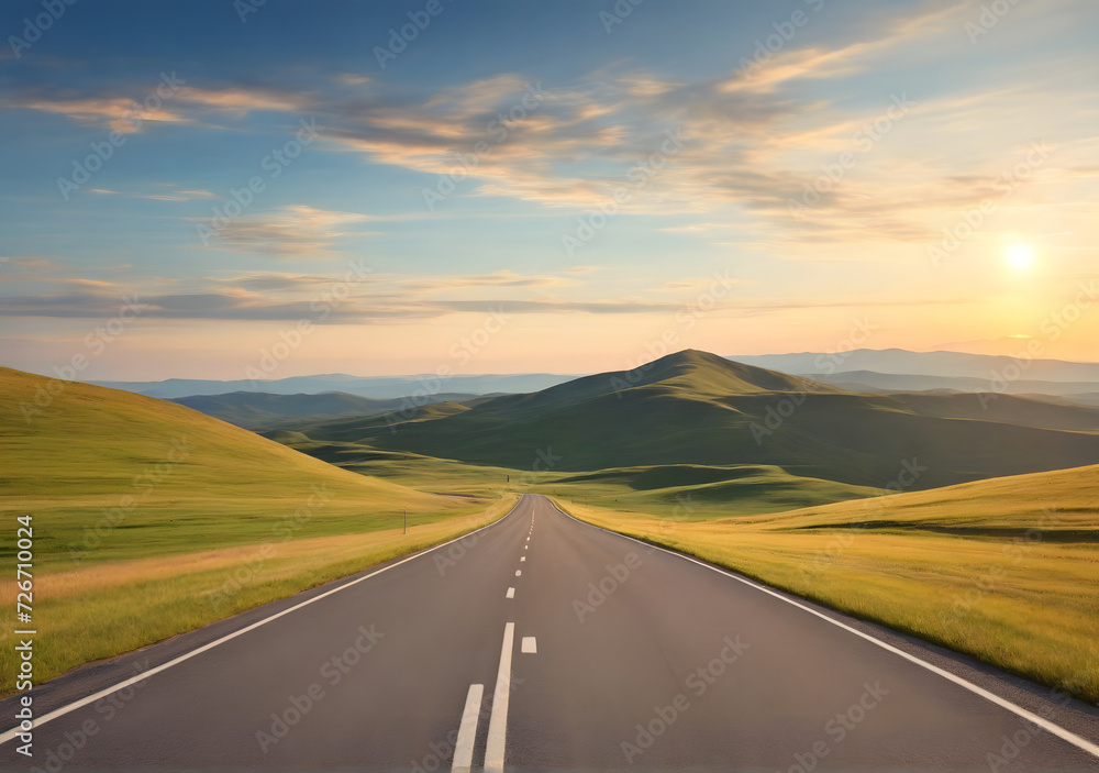 Empty long mountain road to the horizon on a sunny summer day at bright sunset