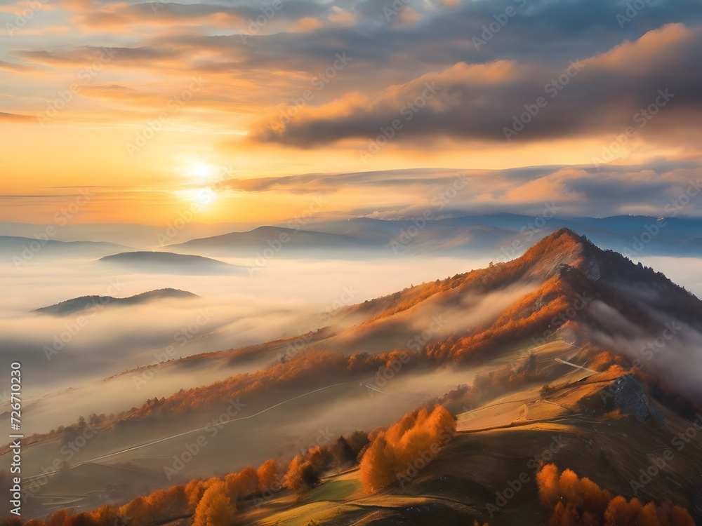 Mountains in low clouds at sunset in autumn Landscape with mountain hills in fog, orange trees and grass in fall, colorful sky with golden sunbeams. Aerial view